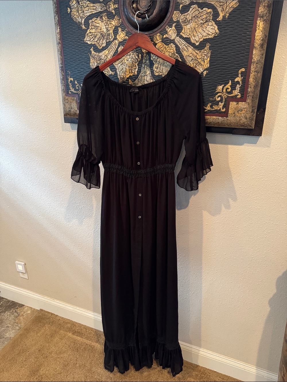 Olivaceous Black Button-Front Maxi with Ruffle Details
